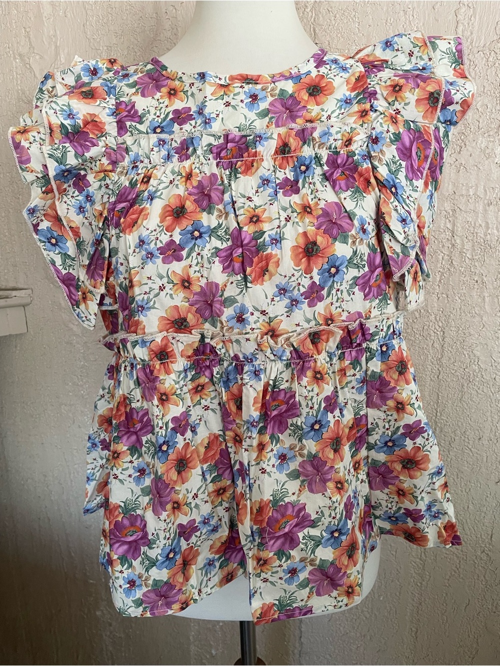 Bibi Floral Ruffle Sleeve Peplum Top - Cream with Purple & Orange Flowers